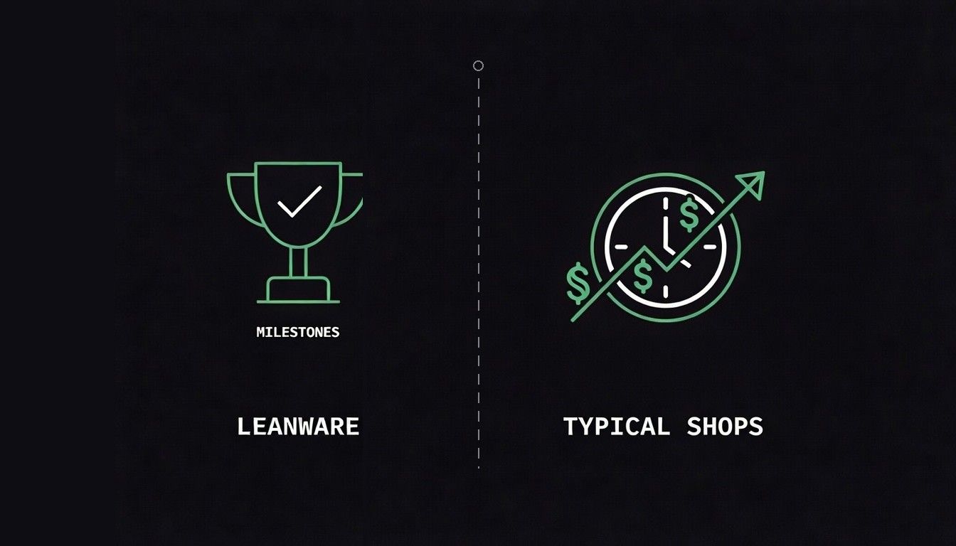 On the left, a trophy with a check mark labelled MILESTONES under a LEANWARE caption. On the right, a clock surrounded by dollar signs with a rising arrow, labelled TYPICAL SHOPS, suggesting hourly billing that grows over time.